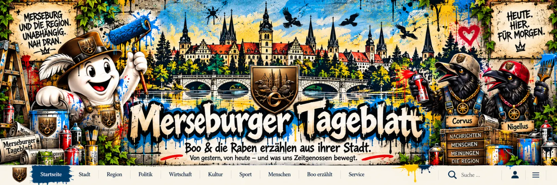 Merseburger Tageblatt – Merseburger Stadtkulisse mit Boo, Corvus, Nigellus und Navigationsstreifen